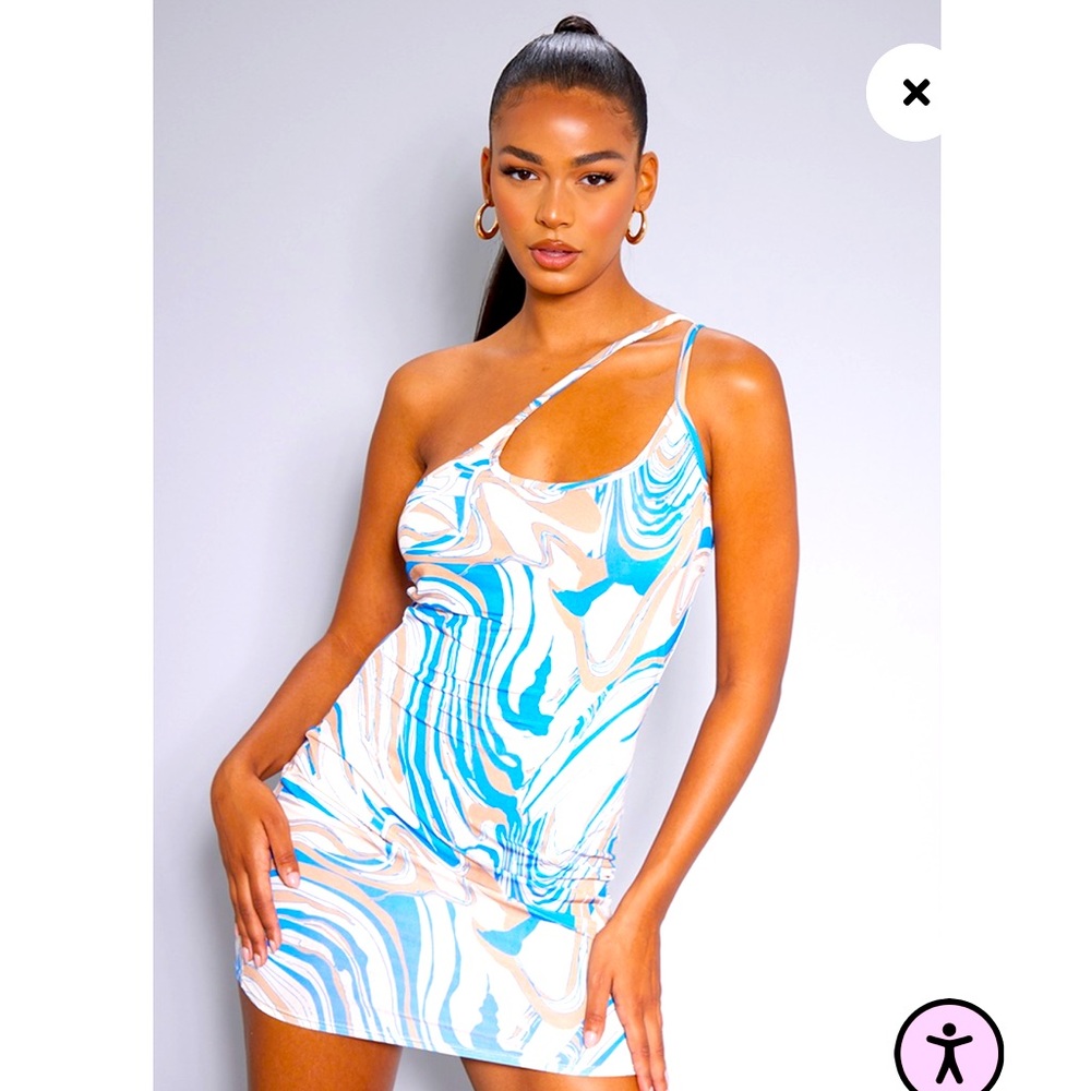 Multi Marble Print Slinky Asymmetric Strap Detail Bodycon Dress